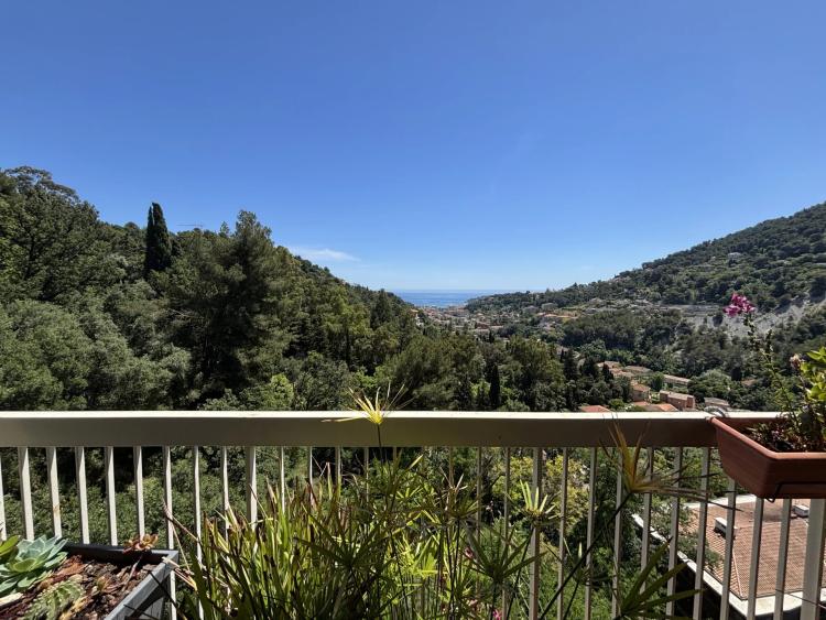 Trois pièces en bon état avec jolie terrasse, belle vue panoramique jusqu'à la mer, cave, possibilité garage